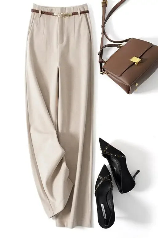 FJØRNA women's wool wide-leg trousers with high waist, tailored pants featuring a comfortable, stylish fit and classic design.