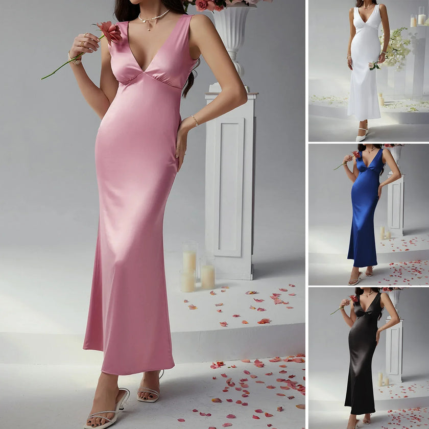 FJØRNA elegant sleeveless V-neck empire waist midi dress with flowing fabric and stylish design, perfect for formal occasions.