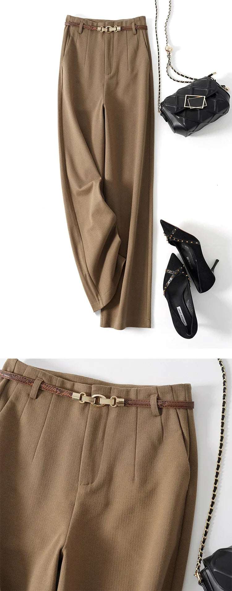 Women’s wool wide-leg trousers by FJØRNA, high waist, tailored pants with a relaxed fit and elegant style.
