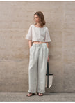 FJØRNA women's linen crop top with short sleeves, lightweight and breathable fabric, casual summer fashion top.
