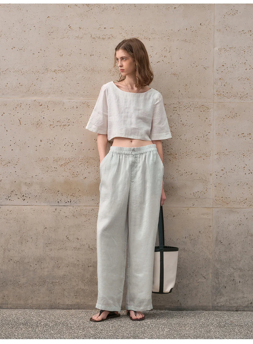 FJØRNA women's linen crop top with short sleeves, lightweight and breathable fabric, casual summer fashion top.