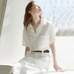 FJØRNA linen polo blouse for women with open collar, lightweight and breathable tops perfect for casual or summer wear.