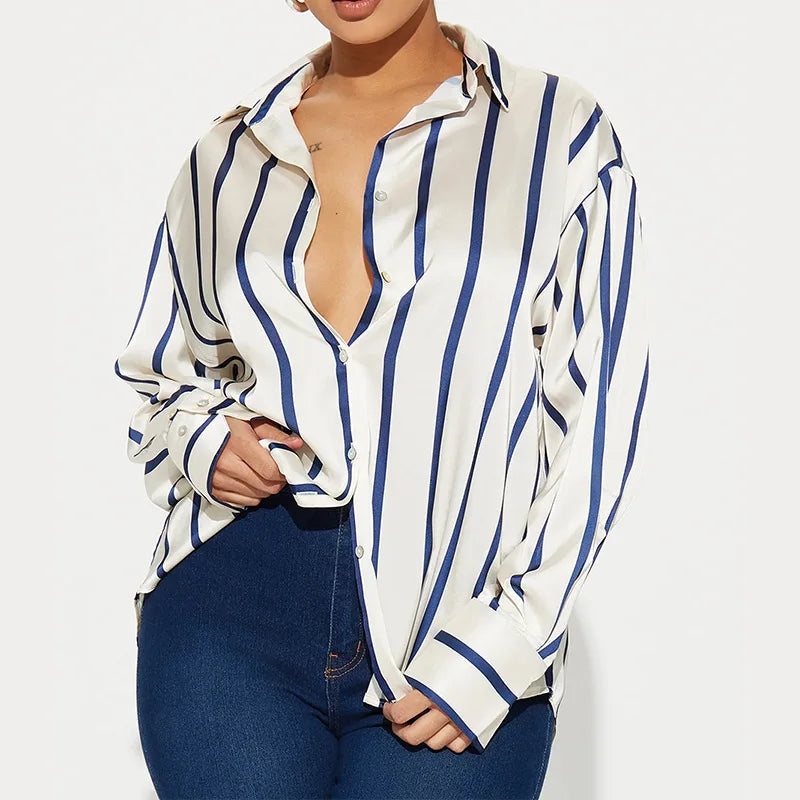 FJØRNA satin blouse for women, elegant long-sleeve top with a smooth, shiny fabric, stylish for dressy or casual wear.