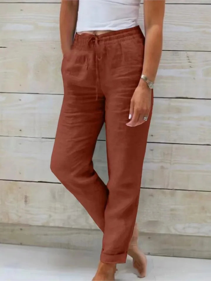 FJØRNA Tara women's drawstring jogger pants with elastic ankle cuffs, showing relaxed fit and comfortable elastic waistband.