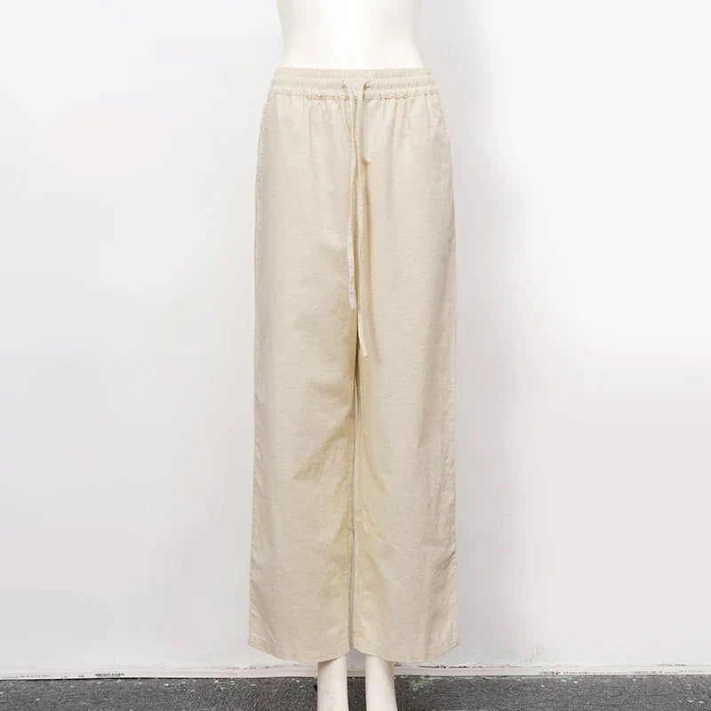 FJØRNA women's cotton linen wide-leg trousers with drawstring, pull-on style, comfortable and stylish for casual wear