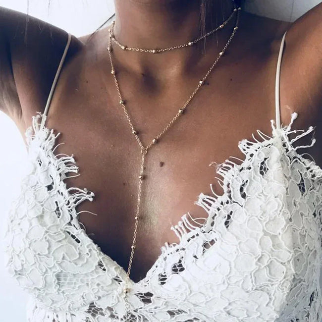 Lily | Elegant Layered Y-Necklace with Dainty Beads – Gold & Silver