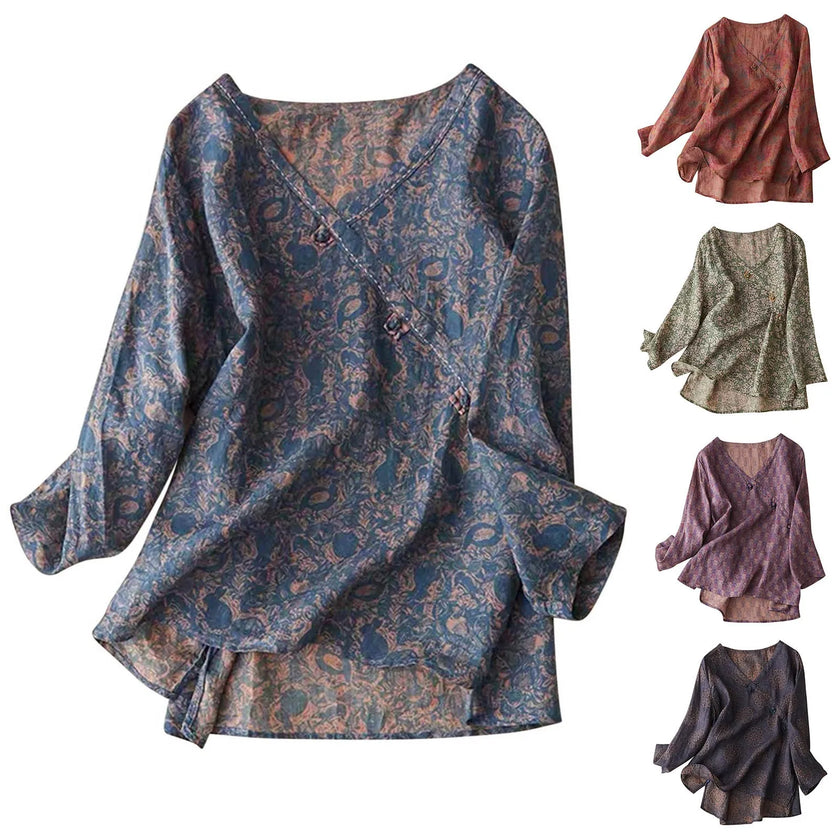 FJØRNA linen blend women's long sleeve blouse, lightweight top with relaxed fit and natural fabric texture, styled on a model.