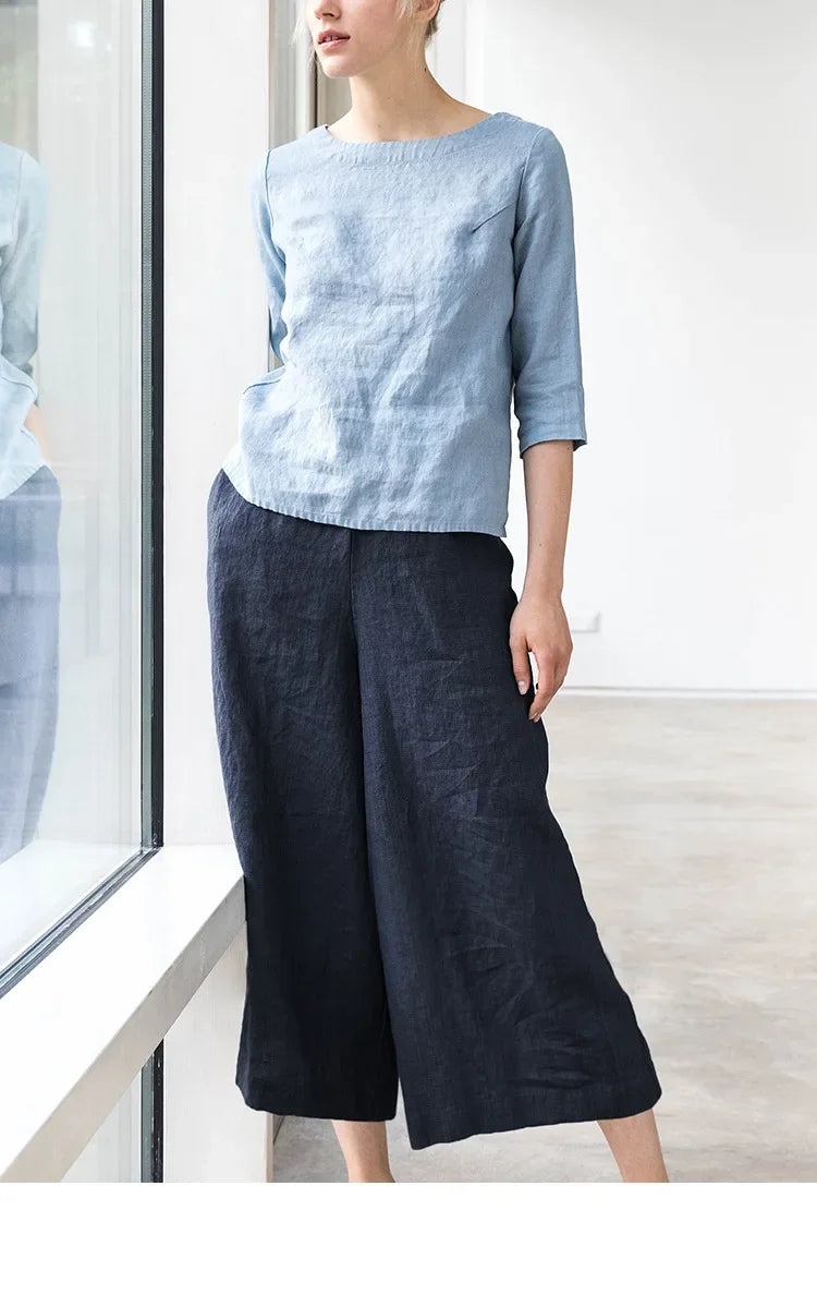 Linen Wide Leg Trousers Women Drawstring Pull-On