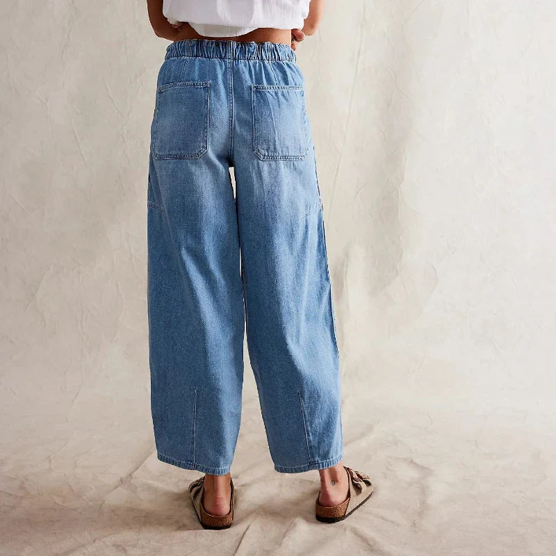FJØRNA women's cotton pull-on jeans pants, showcasing a comfortable fit with classic denim style and lightweight fabric.
