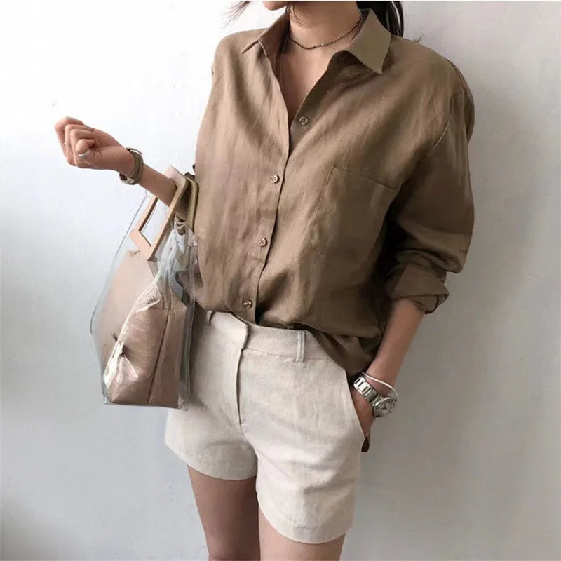 FJØRNA women's linen shirt with open collar, casual tops for women, lightweight breathable fabric, relaxed fit, neutral color