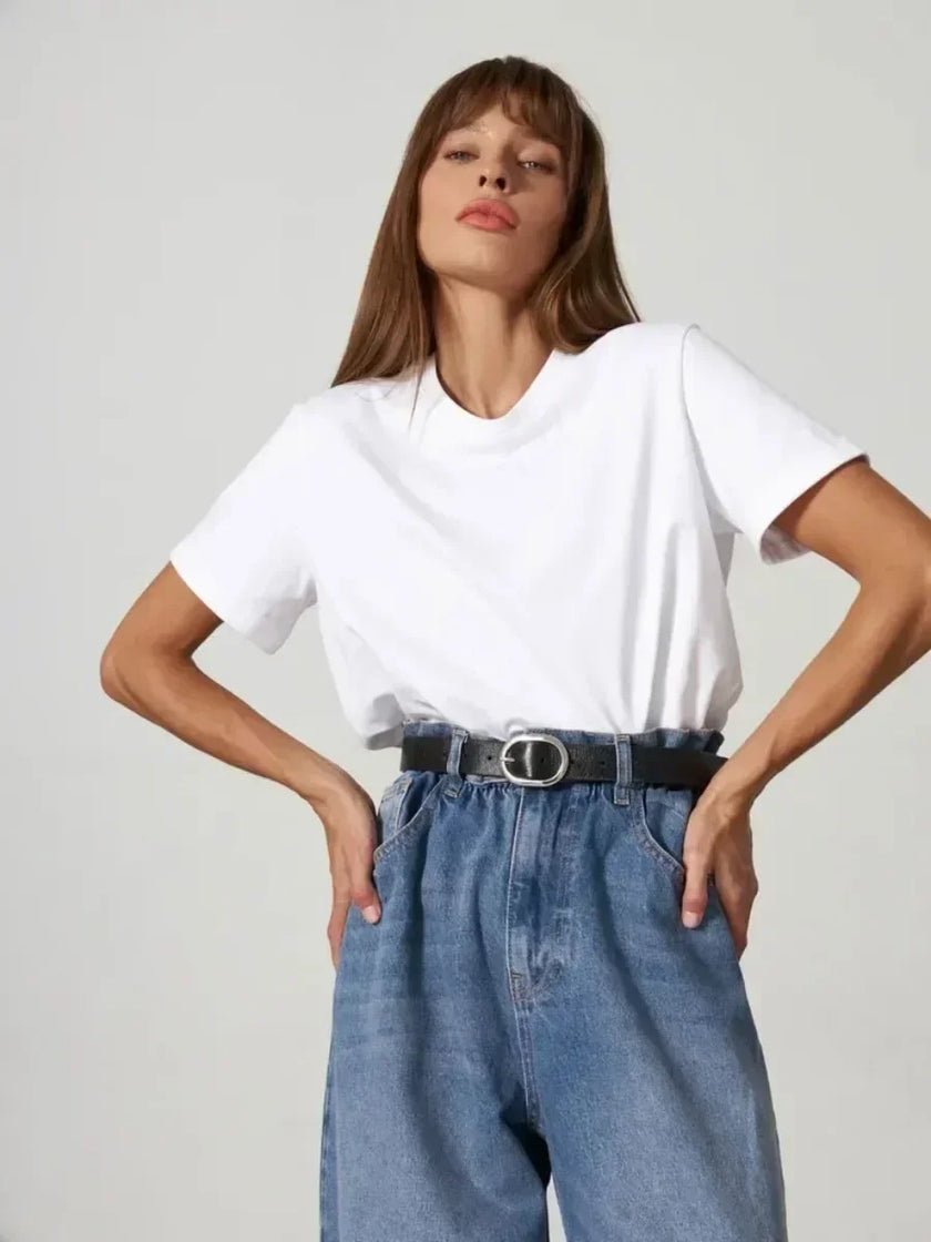 FJØRNA women's cotton T-shirt, casual tops, soft fabric, white color, front view showing short sleeves and round neckline