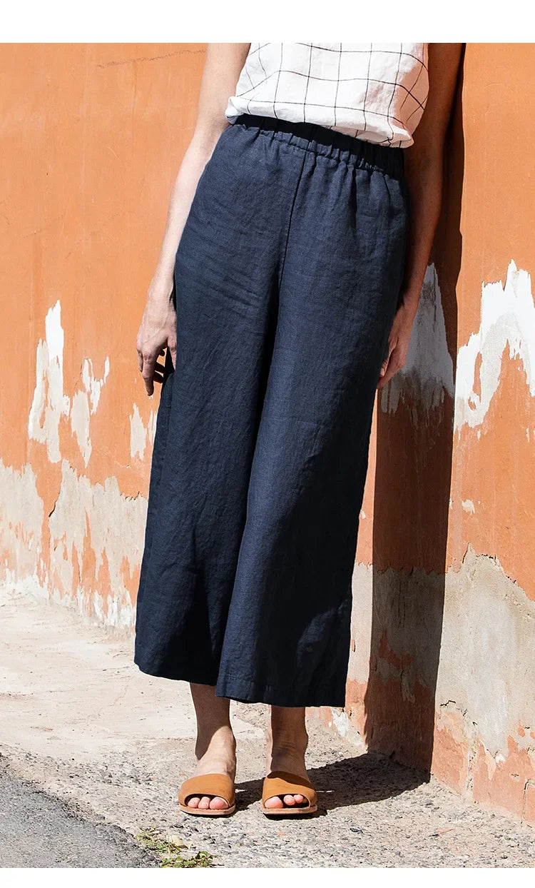 Linen Wide Leg Trousers Women Drawstring Pull-On