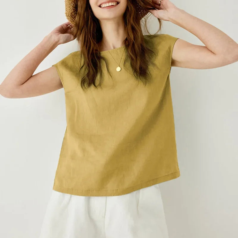 FJØRNA Petal Sleeve Linen T-Shirt in soft fabric with elegant petal sleeve design, perfect for casual or summer wear.