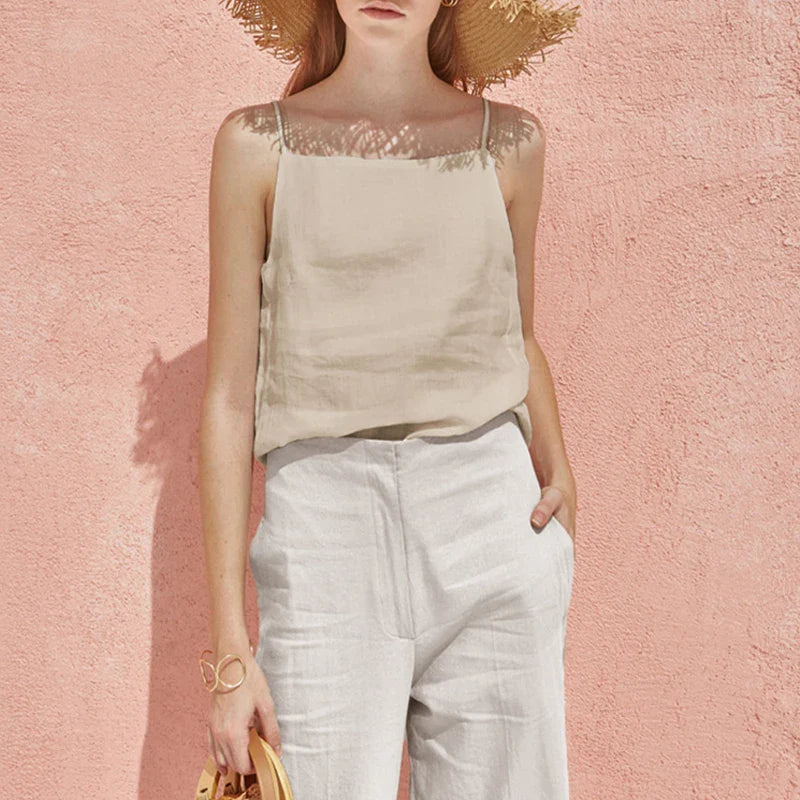 FJØRNA satin-trimmed linen cami top with delicate straps and a soft, breathable fabric for comfortable wear