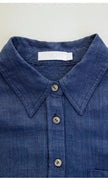 Women’s linen blend shirt by FJØRNA, casual tops with a relaxed fit, featuring a collar and button-front detail.