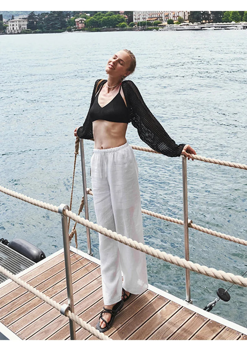 Knit Wide Leg Trousers Women Drawstring