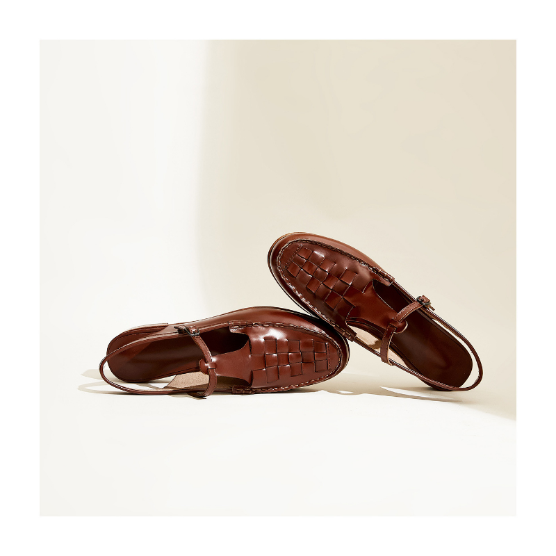 FJØRNA women's Italian leather slingback sandals with woven summer design featuring open heel and stylish straps.
