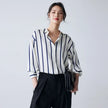 Lacceti Maren Stripe Satin Blouse showing a stylish, lightweight satin fabric with blue and white stripe pattern.