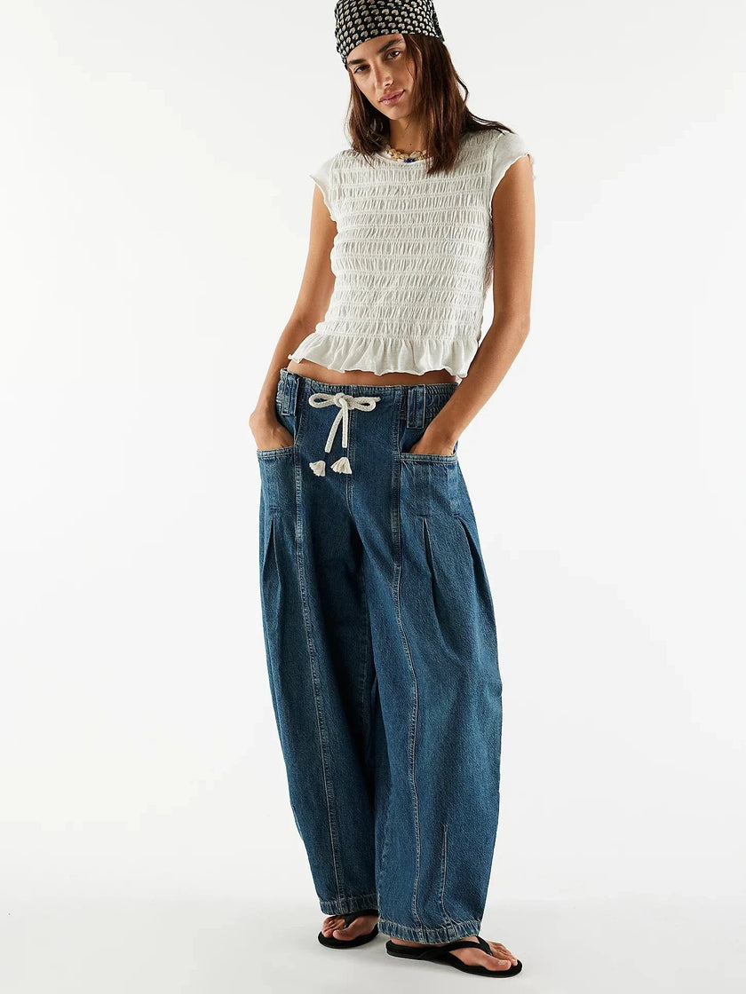 Cotton Jeans Women Wide Leg Drawstring
