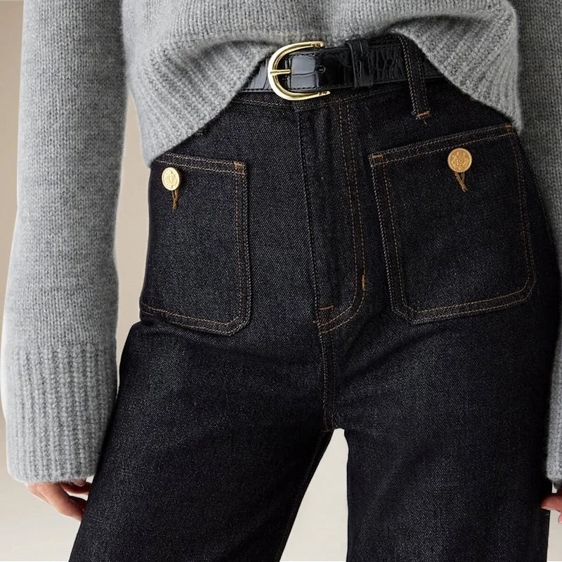 Women’s FJØRNA cotton wide leg high waist jeans, showcasing the relaxed fit and classic denim texture.