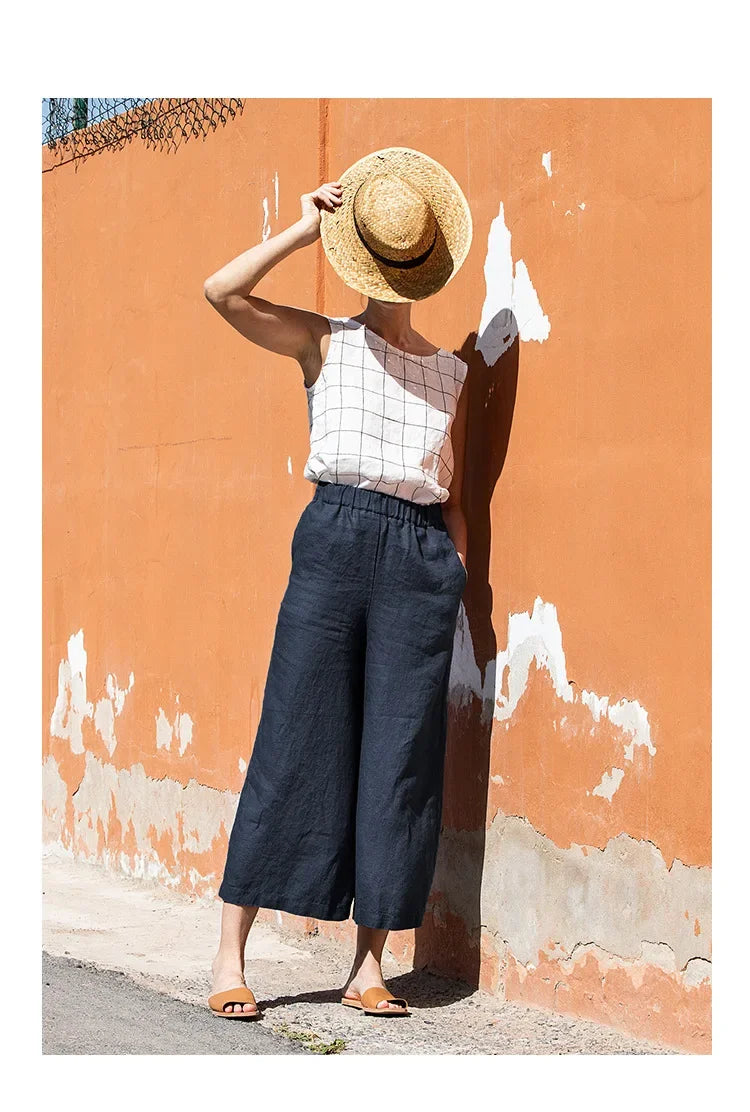 Linen Wide Leg Trousers Women Drawstring Pull-On