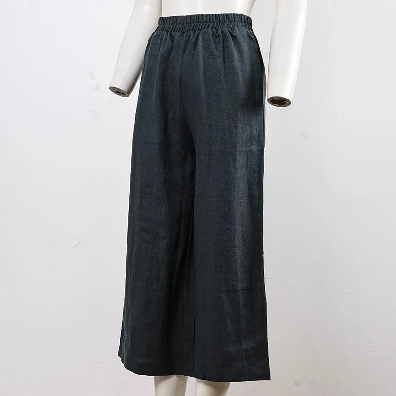Linen Wide Leg Trousers Women Drawstring Pull-On