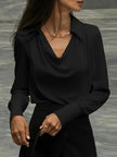FJØRNA women's satin long sleeve shirt, elegant top with smooth fabric and tailored fit, worn with buttons and classic collar.