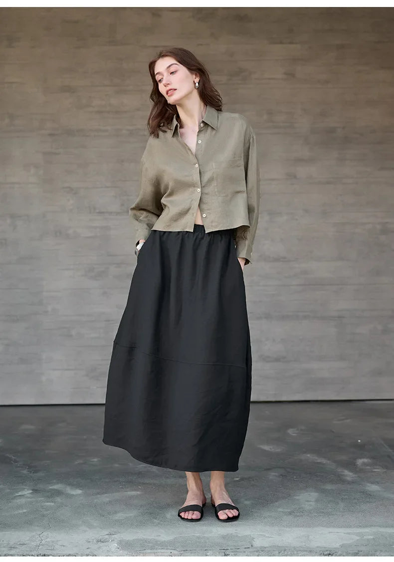 Linen Shirt Women Pleated Long Sleeve