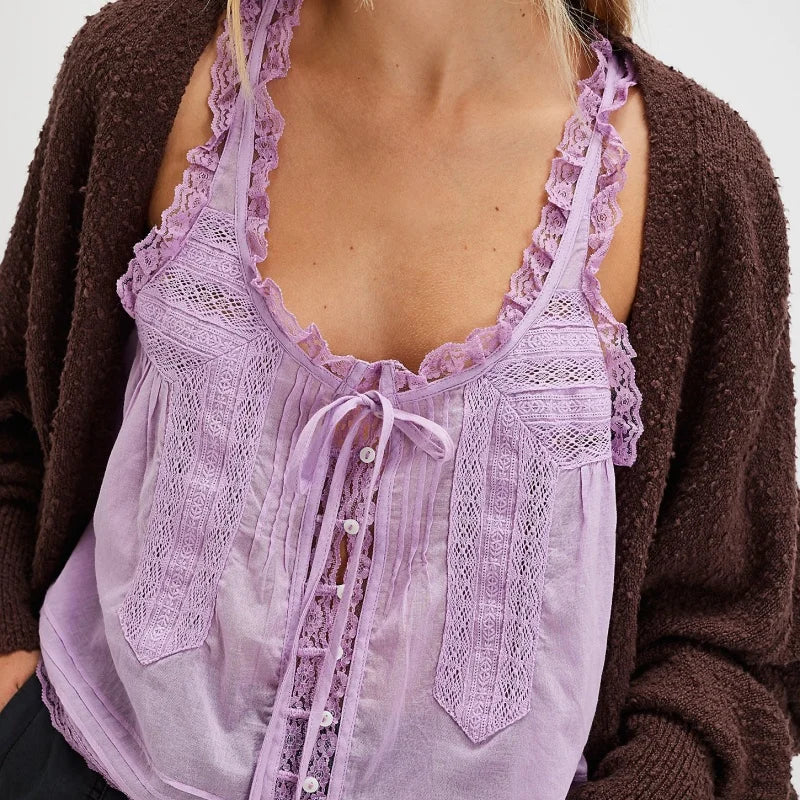 FJØRNA women's lace cami top with trim, featuring delicate lace details and a fitted sleeveless design.