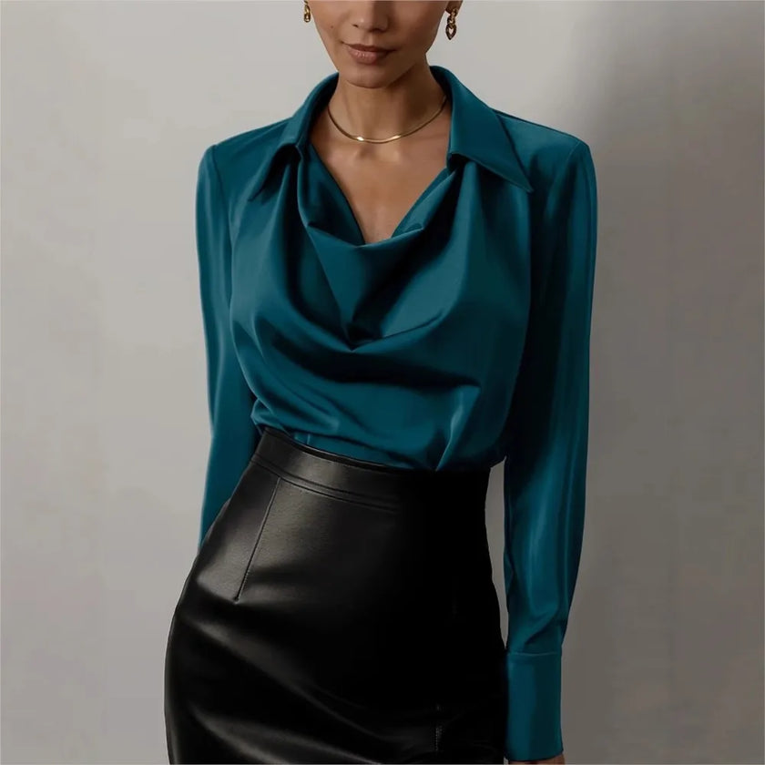 FJØRNA women's long sleeve satin shirt, stylish and elegant satin top with a smooth, shiny fabric and classic collar design.