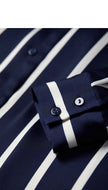 Lacceti Maren Stripe Satin Blouse featuring a stylish striped pattern, satin fabric, and a relaxed fit on a hanger.
