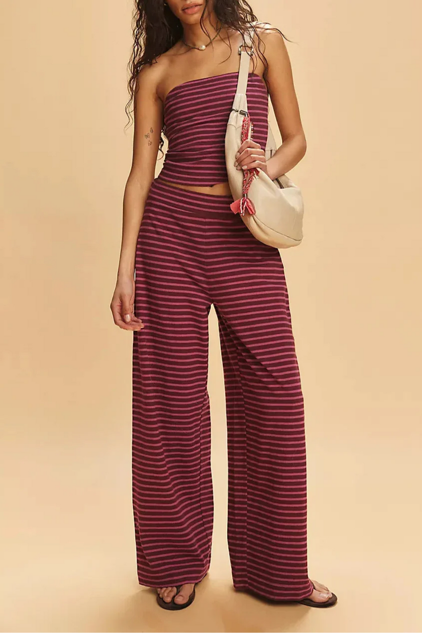 FJØRNA women's knit wide leg trousers from co-ord set, soft textured pants with relaxed fit and high waist, casual and stylish.