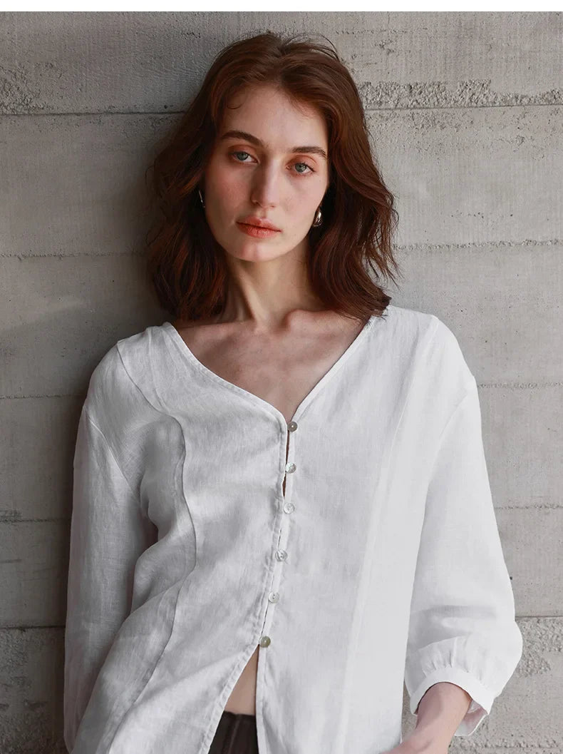 Linen Blouse Women V-Neck