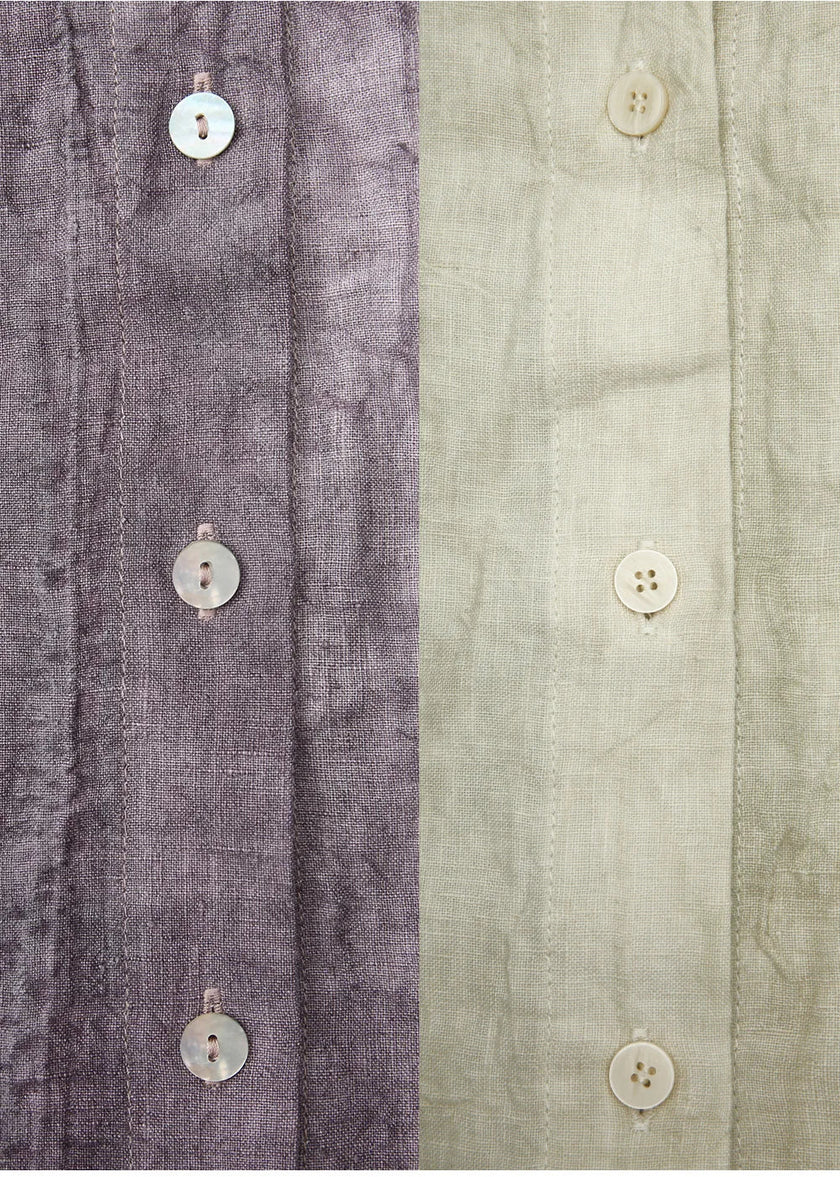 FJØRNA women's linen pleated shirt, lightweight tops with a relaxed fit and classic collar, shown on a model.