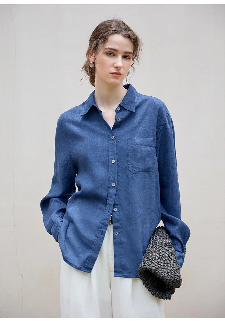 FJØRNA women's linen blend shirt, stylish and breathable tops for women, shown in a flattering fit and natural fabric texture