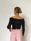FJØRNA women's off-shoulder ribbed knit top, soft fabric, fitted design, casual stylish women's clothing.