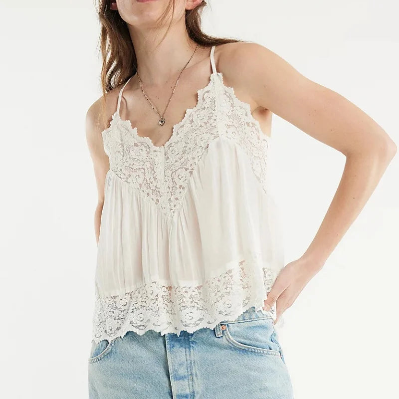 FJØRNA women's lace cami top with trim, featuring delicate lace fabric and a stylish, fitted design for casual or dressy wear.