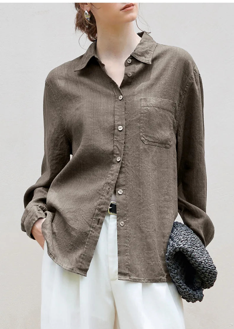 FJØRNA women’s linen blend shirt featuring a relaxed fit, lightweight fabric, and casual style, perfect for spring and summer wear.