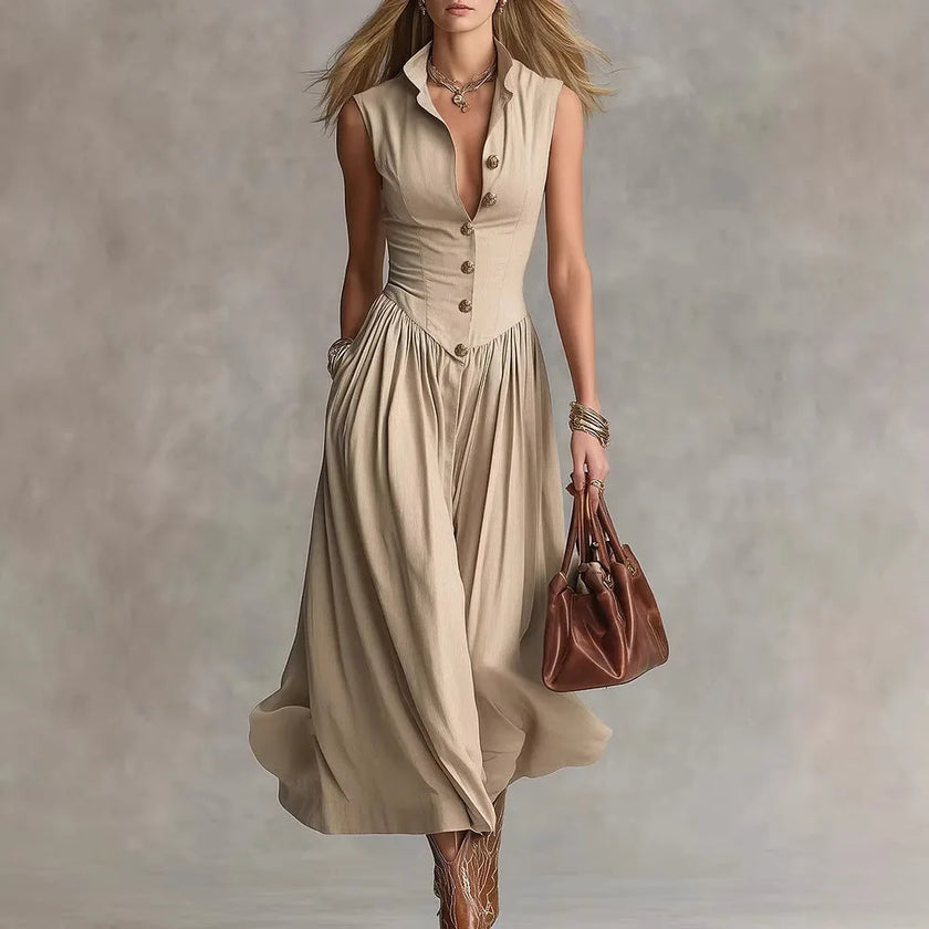 FJØRNA Martina elegant flowy midi dress in soft fabric, featuring a graceful silhouette and stylish design.