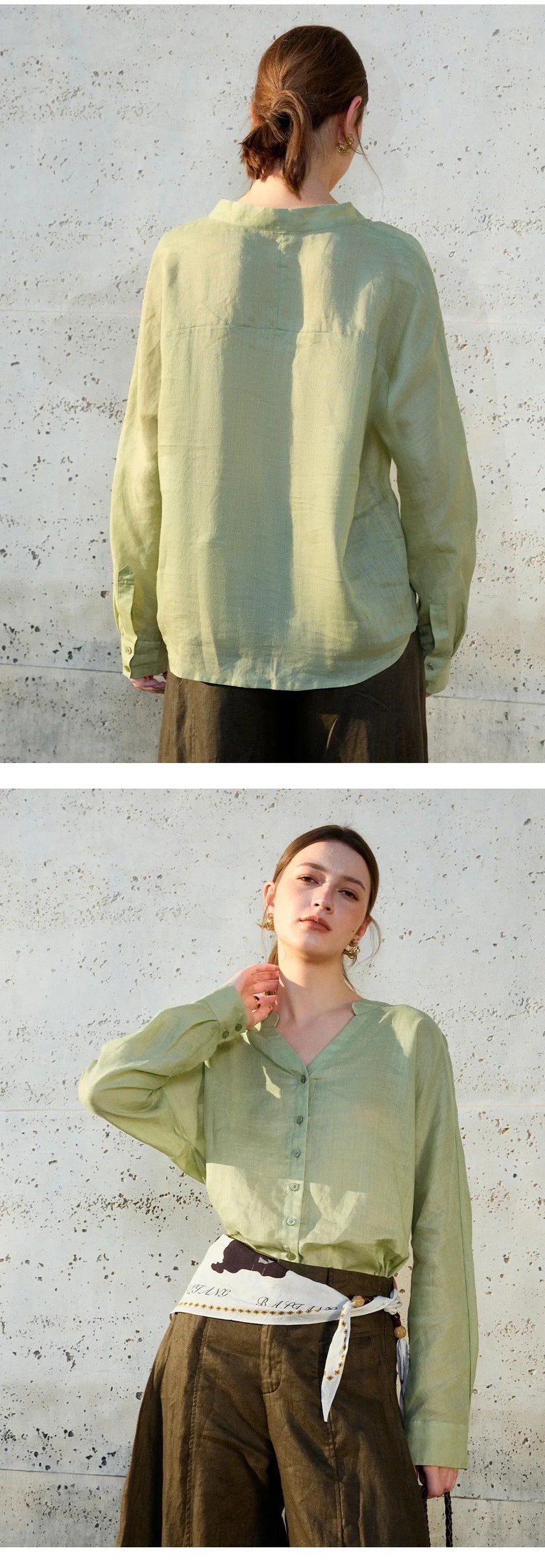 Women’s linen V-neck shirt by FJØRNA featuring a relaxed fit and natural linen fabric, displayed on a hanger.
