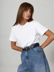 Women's FJØRNA cotton T-shirt, casual white top with short sleeves and round neckline, soft fabric and fitted style.