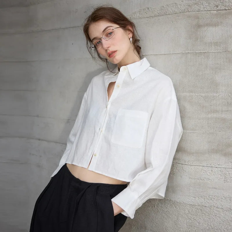 Linen Shirt Women Pleated Long Sleeve