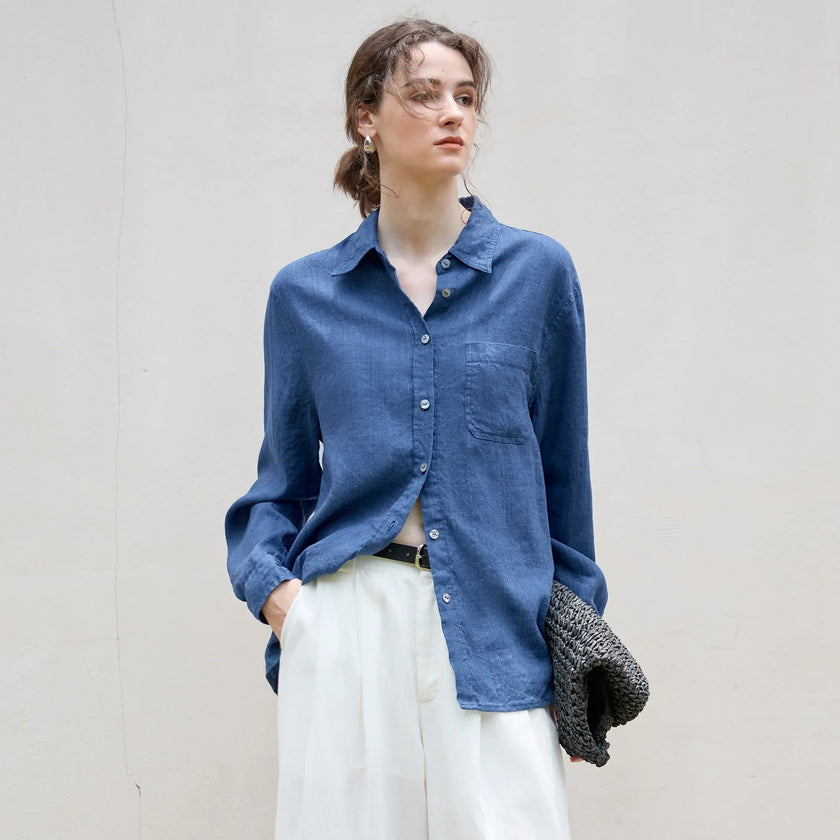FJØRNA women's linen blend shirt, lightweight tops with a relaxed fit, shown in a neutral color with button details and long sleeves.