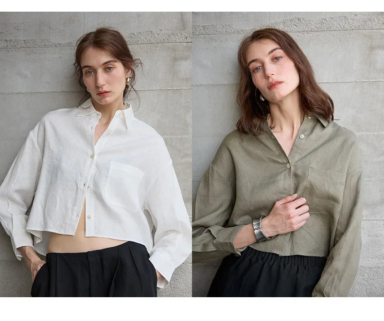 Linen Shirt Women Pleated Long Sleeve