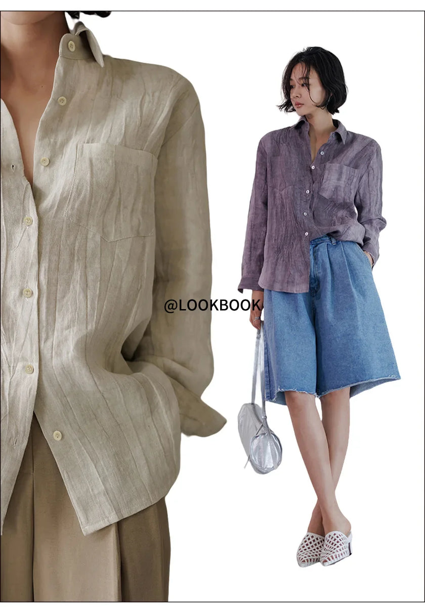 FJØRNA women's linen pleated shirt, lightweight sleeveless top with a relaxed fit and subtle pleats, ideal for casual wear.