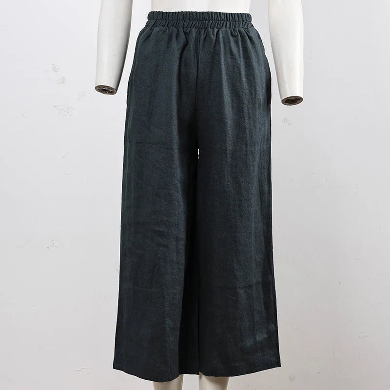 Linen Wide Leg Trousers Women Drawstring Pull-On
