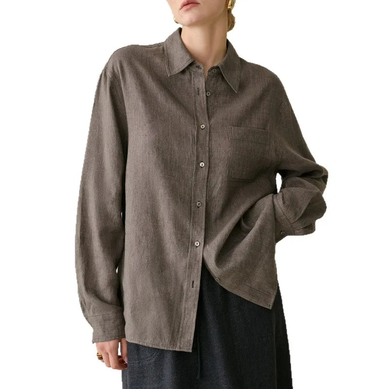 Women’s linen blend shirt by FJØRNA, stylish and breathable top featuring a relaxed fit and natural fabric texture.