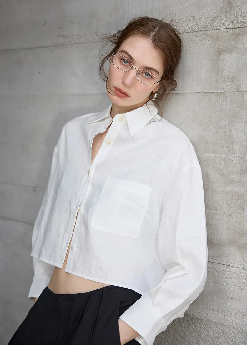 FJØRNA women's linen crop top with pleats and long sleeves, stylish and breathable for casual summer wear