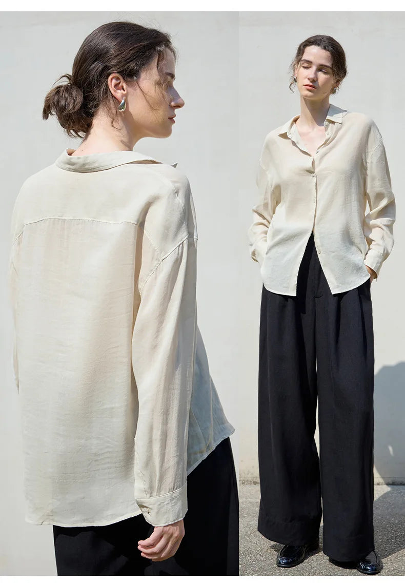 Light beige linen shirt for women from FJØRNA, showcasing a relaxed fit and breathable fabric, perfect for casual wear.
