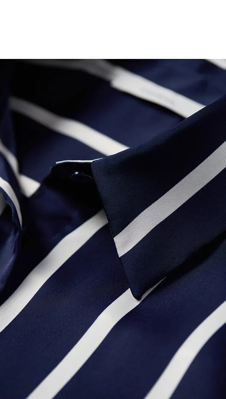 Lacceti Maren Stripe Satin Blouse featuring a classic striped pattern, lightweight satin fabric, and a stylish, feminine fit.